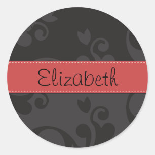 Damask Pattern, Grey Damask, Your Name Classic Round Sticker