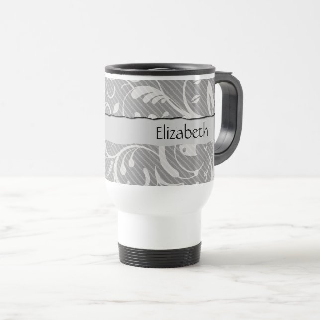 Damask Pattern, Grey Damask, Your Name Travel Mug (Front Right)