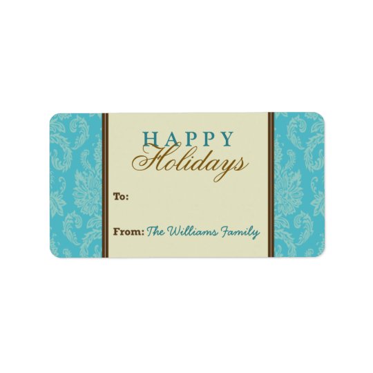Damask Pattern Holiday Gift Tag (aqua/brown) Address Label