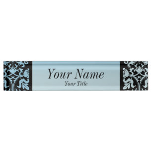 Damask Pattern in Aqua Blue and Black   DIY Text Nameplate