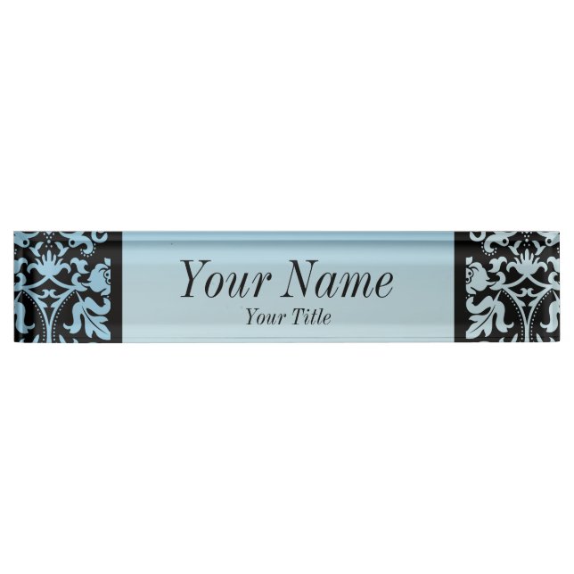 Damask Pattern in Aqua Blue and Black | DIY Text Nameplate (Front)