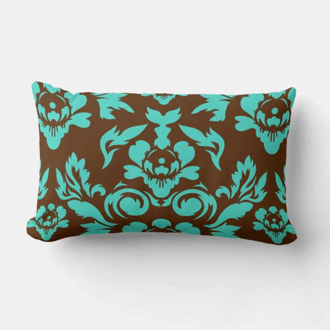 Damask Pattern in Brown & Turquoise Lumbar Cushion (Front)