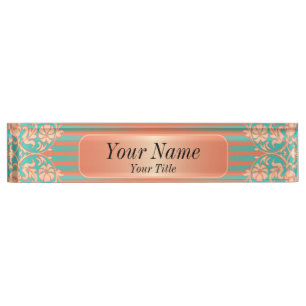Damask Pattern in Coral & Teal   DIY Text Nameplate
