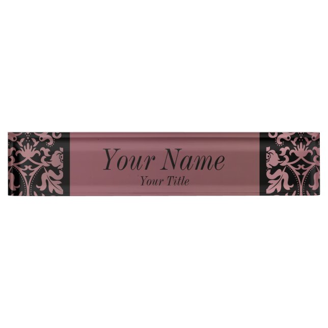Damask Pattern in Rose Gold and Black | DIY Text Nameplate (Front)