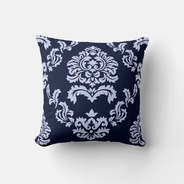 Damask Pattern Navy Blue and Light Blue Stripe Cushion (Front)