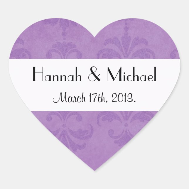 Damask Pattern, Purple Damask, Wedding Heart Sticker (Front)