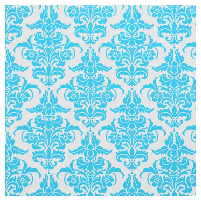 Damask Pattern - Sky Blue on White Fabric (Swatch)