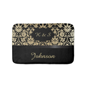 Damask Pattern Tan & Black DIY Monogram Bath Mat