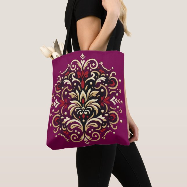 Damask Pattern Tote bag Red, Gold and Black (Close Up)