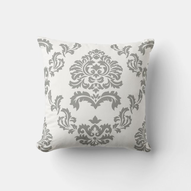 Damask Pattern White and Light Grey Cushion (Front)