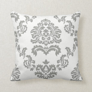Damask Pattern White and Light Grey Cushion