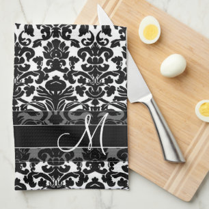 Damask Pattern with Monogram - Black and White Tea Towel