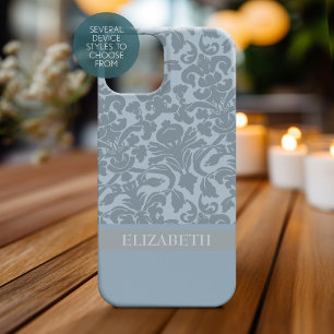 Damask Pattern with Monogram - blue iPhone 15 Case