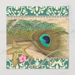 DAMASK PEACOCK BEACH BRIDAL  SHOWER INVITATION