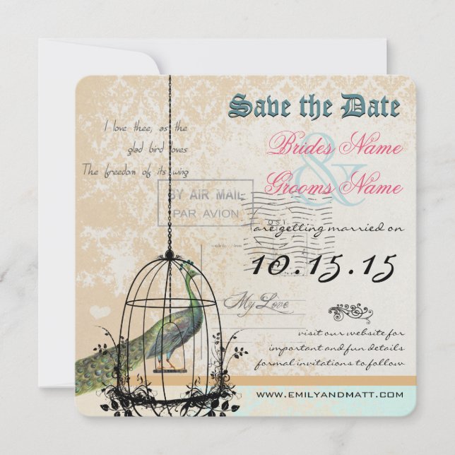 Damask Peacock Bird Cage Wedding Save the Date (Front)