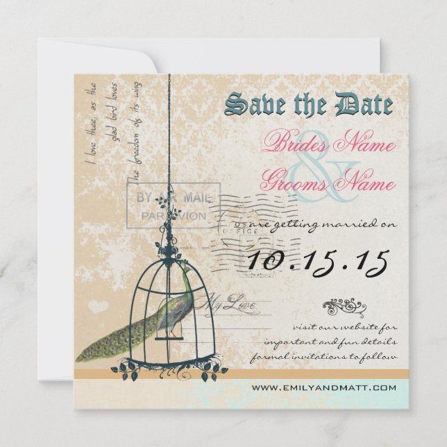 Damask Peacock Bird Cage Wedding Save the Date (Front)