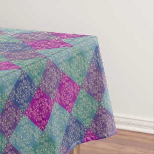 Damask Peacock Blocks Purple Teal Blue Tablecloth