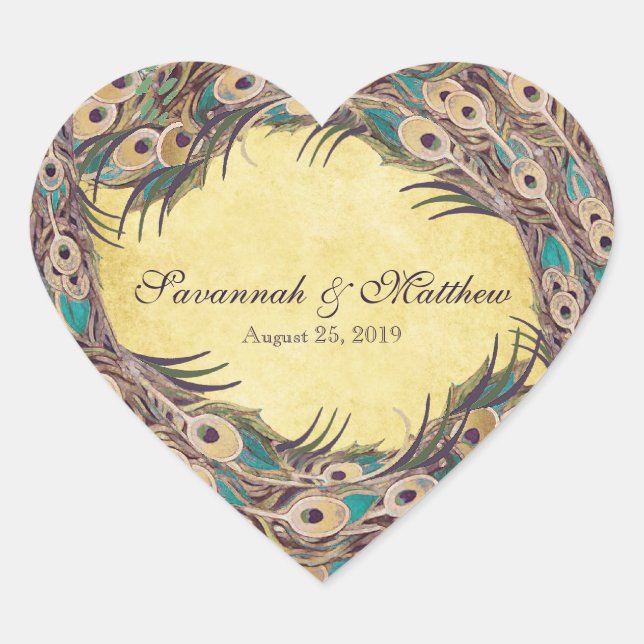 Damask Peacock Elegance Eggplant Gold and Aqua Heart Sticker (Front)