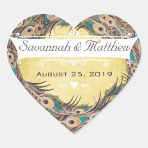 Damask Peacock Elegance Eggplant Gold and Aqua Heart Sticker