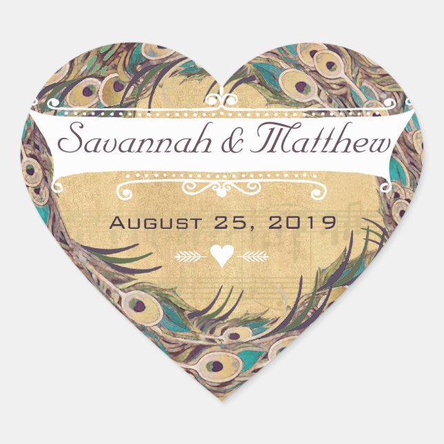 Damask Peacock Elegance Eggplant Gold and Aqua Heart Sticker (Front)
