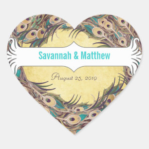 Damask Peacock Elegance Eggplant Gold and Aqua Heart Sticker