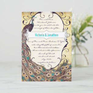 Damask Peacock Elegance Eggplant Gold and Aqua Invitation