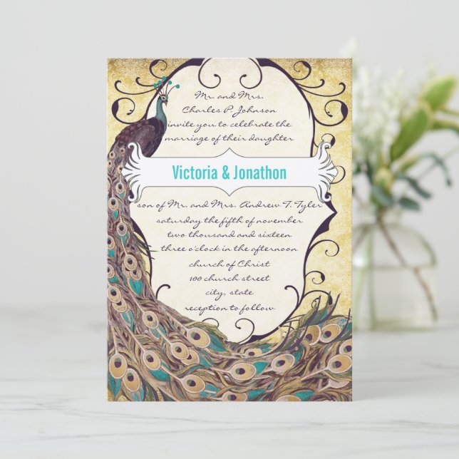 Damask Peacock Elegance Eggplant Gold and Aqua Invitation (Standing Front)