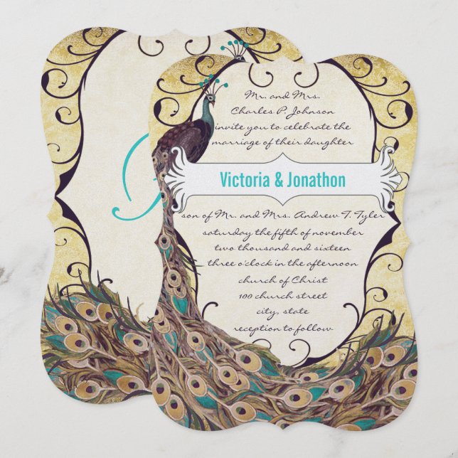 Damask Peacock Elegance Eggplant Gold and Aqua Invitation (Front/Back)