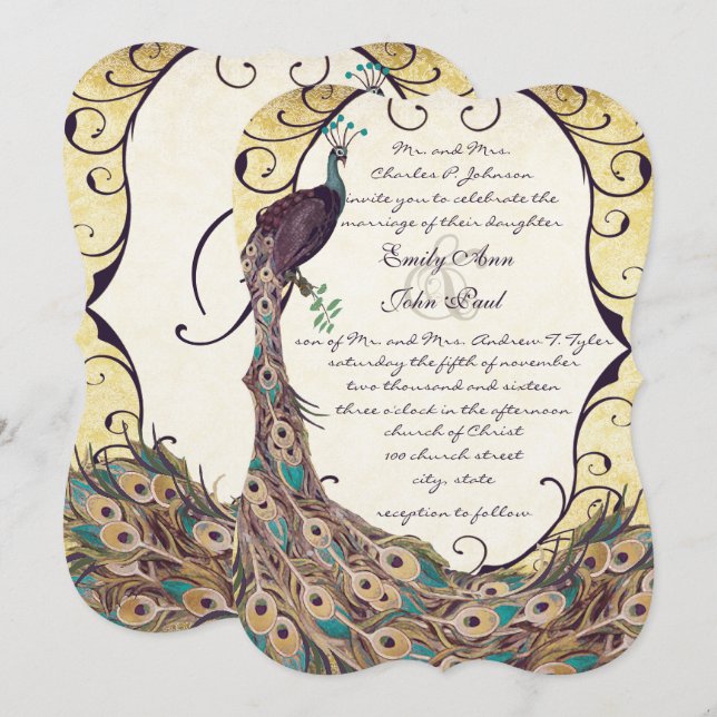 Damask Peacock Elegance Eggplant Gold and Aqua Invitation (Front/Back)