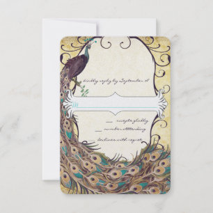 Damask Peacock Elegance Eggplant Gold and Aqua RSVP Card