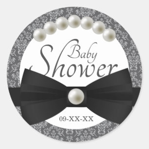 Damask Pearls and Bow Tie Baby Shower Favour Classic Round Sticker