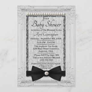 Damask Pearls and Bow Tie Baby Shower Invitation