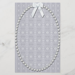 Damask, Pearls and Ribbon Design Stationery