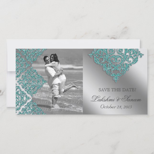 Damask Photo Card Save the Date Sparkle Teal (Front)