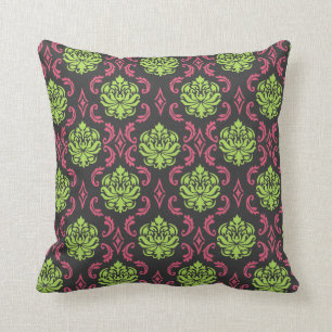 Damask Pillow - Hot Pink, Green and Black Cushion