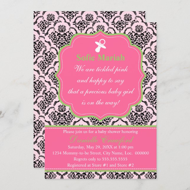 Damask Pink and Green Baby Shower Invitation (Front/Back)