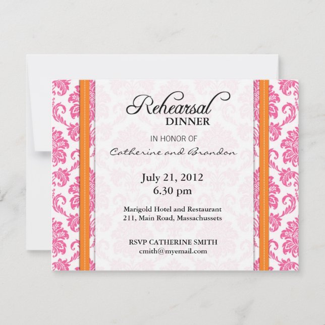 Damask Pink and Orange Rehearsal Dinner Card (Front)