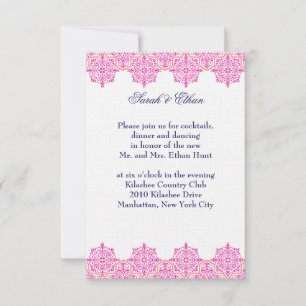 Damask pink and Orange Wedding Reception Cards