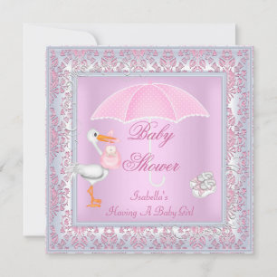 Damask Pink Baby Shower Girl Umbrella Invitation