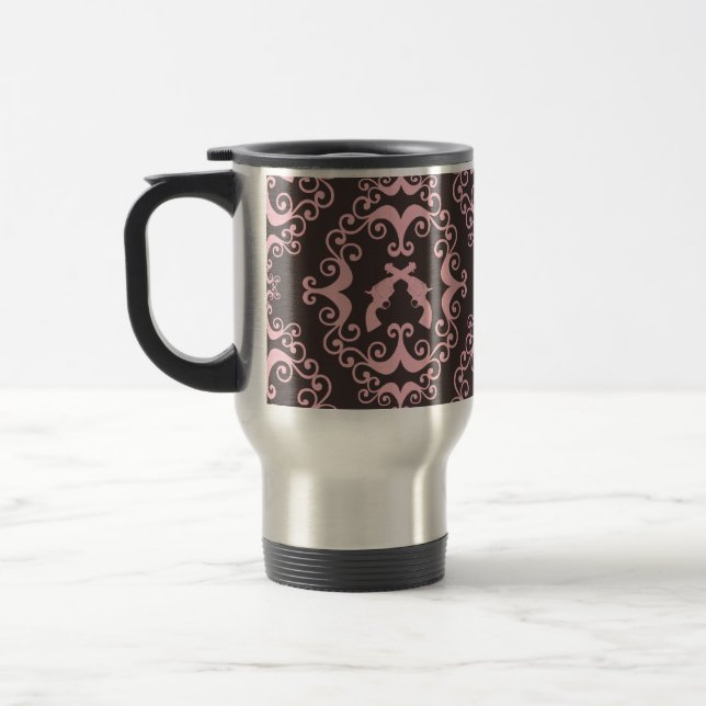 Damask pink black guns grunge western pistols chic travel mug (Left)