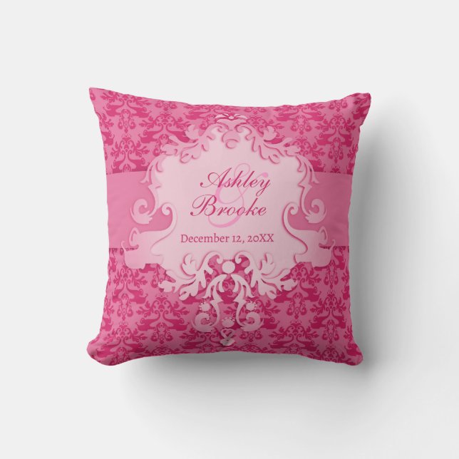 Damask pink commemorative wedding pillow (Front)