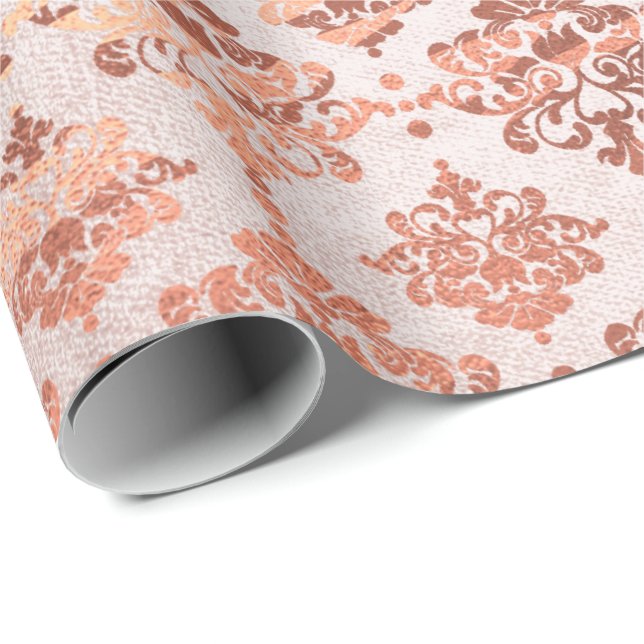 Damask Pink Copper Black Metallic Royal Floral Wrapping Paper (Roll Corner)