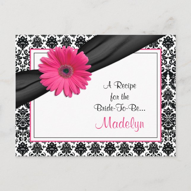Damask Pink Gerber Daisy Recipe Card for the Bride (Front)