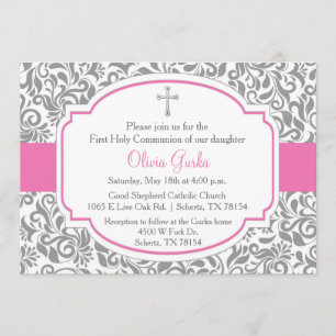 Damask Pink Girls First Communion Card