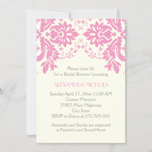Damask pink, grey, ivory wedding bridal shower invitation
