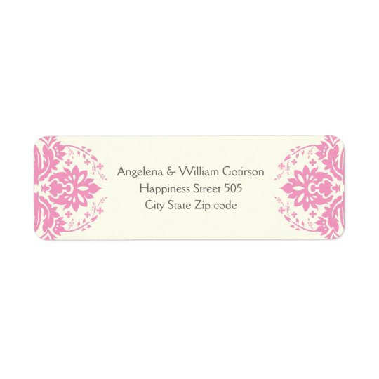 Damask pink, grey, ivory wedding return address label