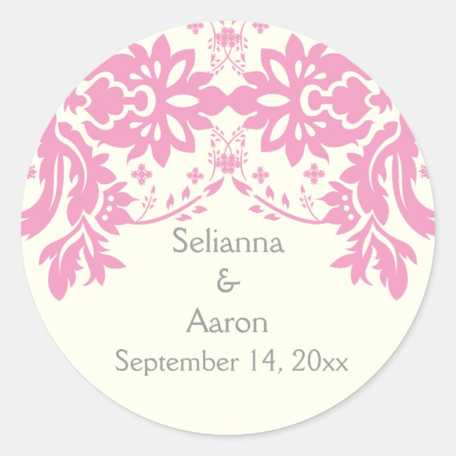Damask pink, grey, ivory wedding Save the Date Classic Round Sticker (Front)