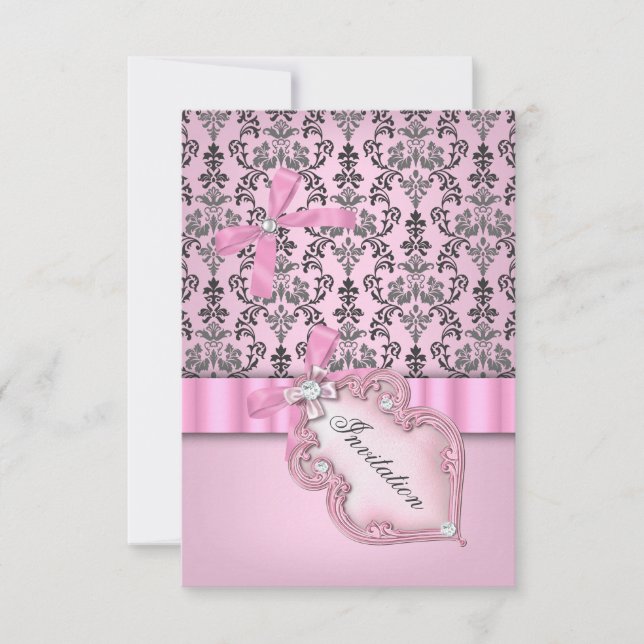 Damask Pink Grey Silver Birthday Party Invitation (Front)