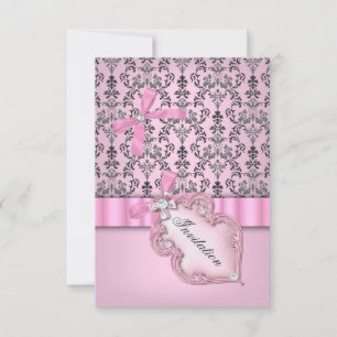 Damask Pink Grey Silver Birthday Party Invitation