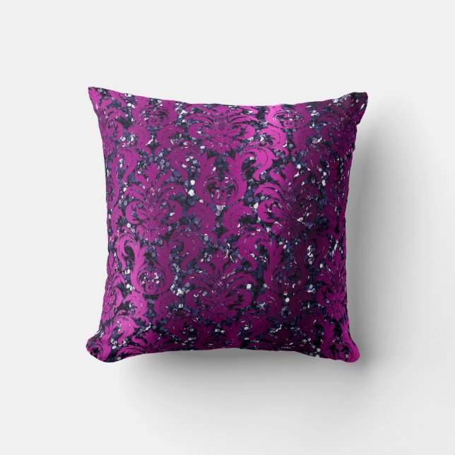 Damask Pink Magenta  Metallic Blue Navy Glitter Cushion (Front)
